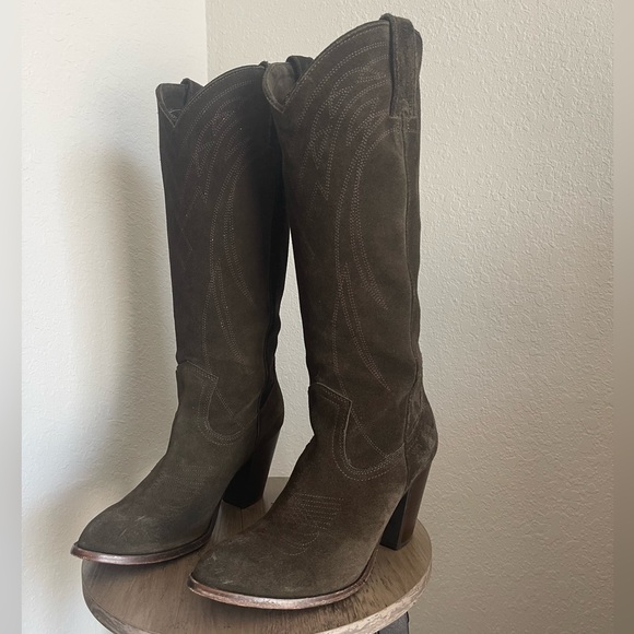Frye Olive Suede Heeled Pull-On Cowboy Boots - Picture 2 of 15